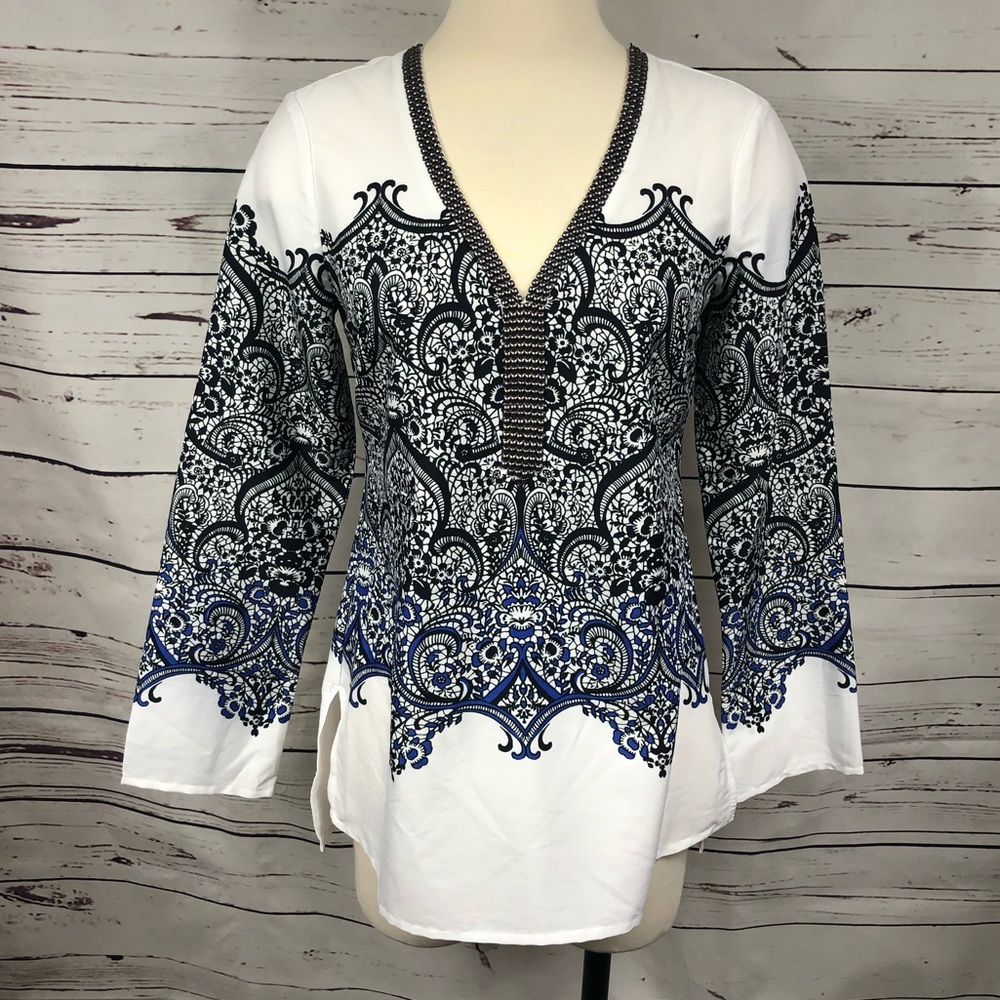 WHBM White/Blue Paisley Blouse